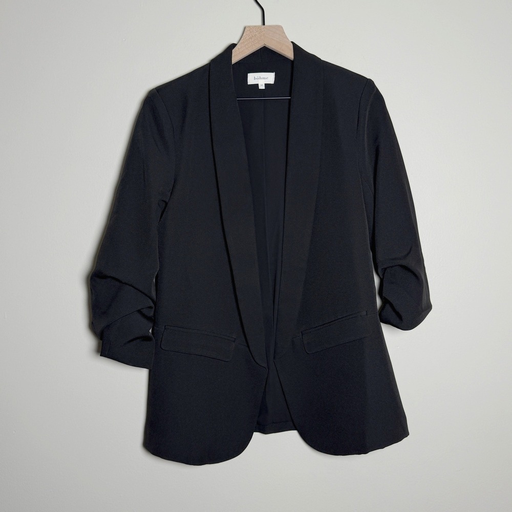 Bohme Womens Open Front Shawl Collar Blazer M Black Ruched 3/4 Sleeve Office